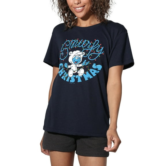 Smurfs Smurfy Christmas With Baby Smurf Women's Loose T-Shirt, Navy, X-Large