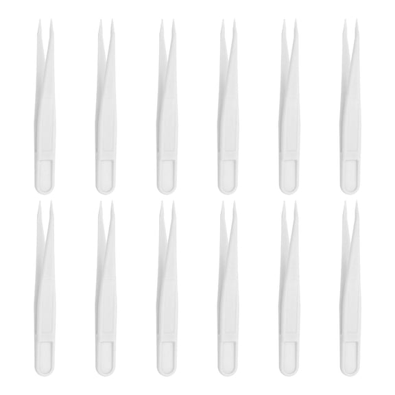 12 Pack Plastic Tweezers for Crafts, 3.1" Pointed Tweezers Bulk for Animal Feeding, Disposable Stickers Tweezers (White)