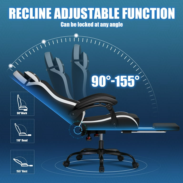 GTPLAYER Gaming Chair With Retractable Footrest - Ergonomic Office & Computer Chair With Headrest & Lumbar Support (White)