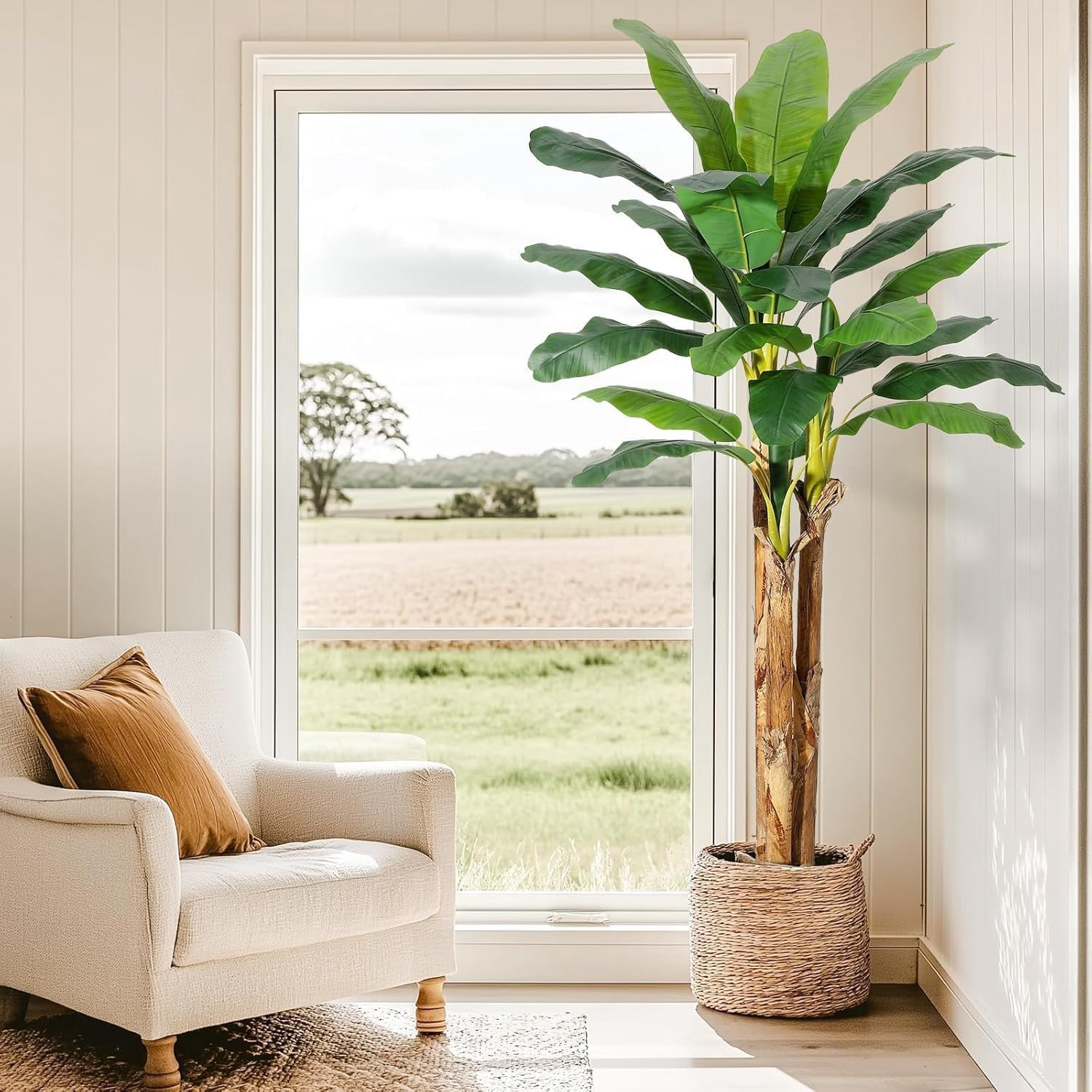 ChaoLink 5FT Artificial Banana Tree with Grey Planter, 11 Faux Banana Leaves, Indoor Plant Decor