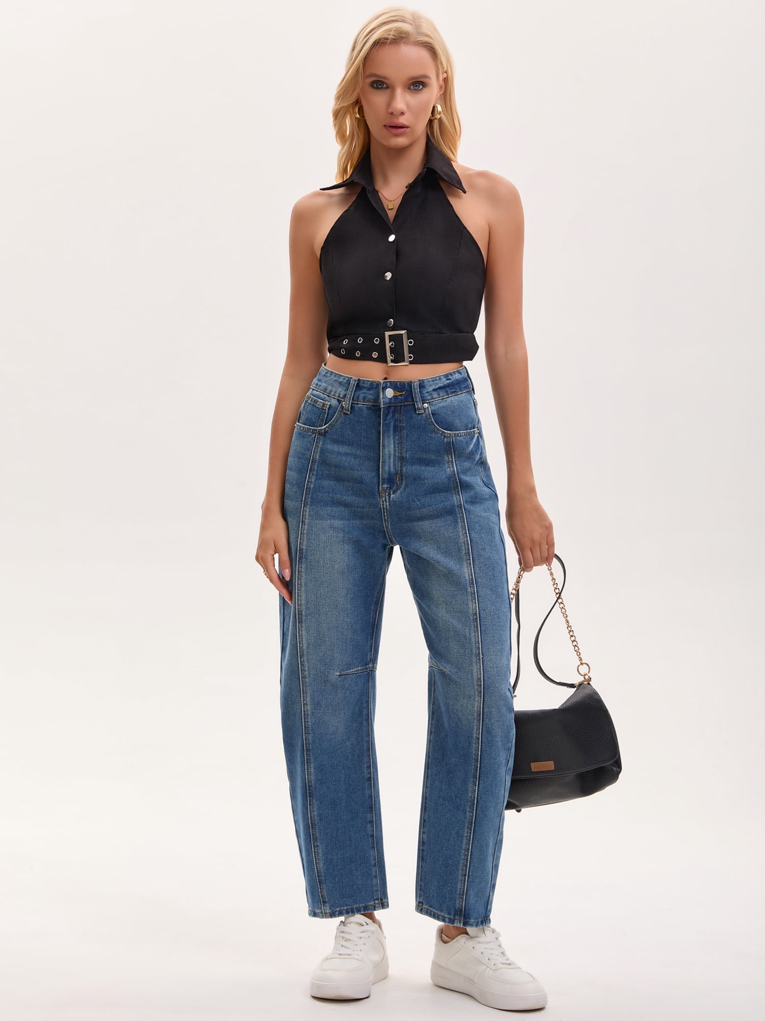DARING DIVA Women's High Waisted Trendy Wide Leg Baggy Denim Pants 2XL Vintage Blue