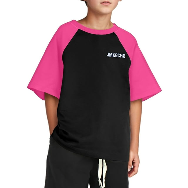 Rovga Hauts pour Garçons Adolescents T-Shirt à Manches Courtes Col Rond Imprimé Lettre Bloc de Couleur Haut Enfants École Extérieur Été Printemps Vêtements Adorables pour Garçons 13-14 Ans Rose