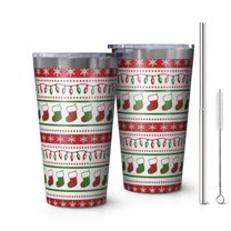 16oz Tumblers Red Christmas Stocking and Snowflake Pattern Stainless Steel Vacuum Insulated Double Wall Travel Tumbler Cups Mug with Lid and Straw,Cleaning Brush for Coffee,Tea