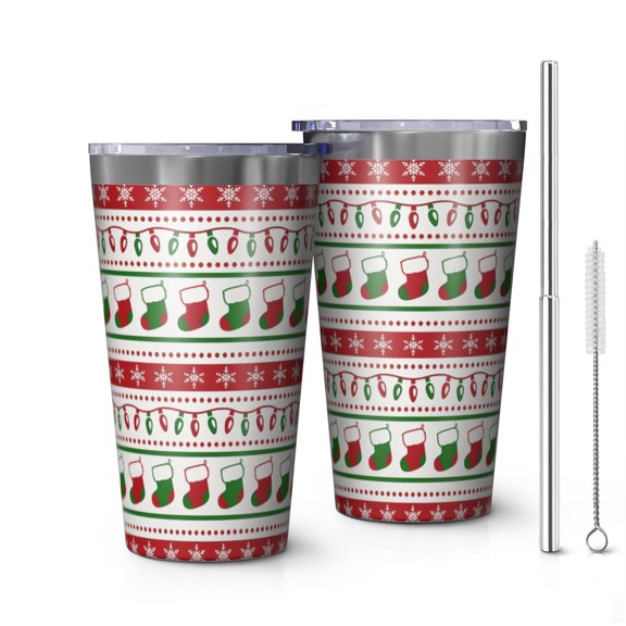 16oz Tumblers Red Christmas Stocking and Snowflake Pattern Stainless Steel Vacuum Insulated Double Wall Travel Tumbler Cups Mug with Lid and Straw,Cleaning Brush for Coffee,Tea