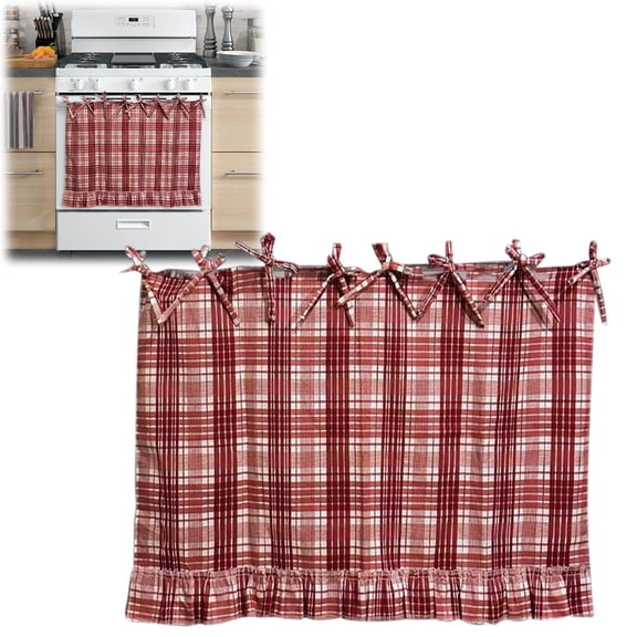 Handmade Oven Skirt, Farmhouse Kitchen Decor, Plaid Oven Curtain, Heat-Resistant Rustic Tie Top Stove Skirt, Window Half Curtain, Decorative Oven Door Curtain for Cottage, Easy Install, Cherry Red