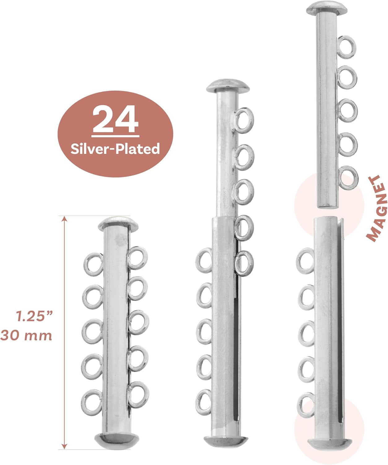 The Beadsmith Silver-Plated Tube Clasps - 5-Strand Magnetic Jewelry Slide Connectors, 32 mm, 24pc