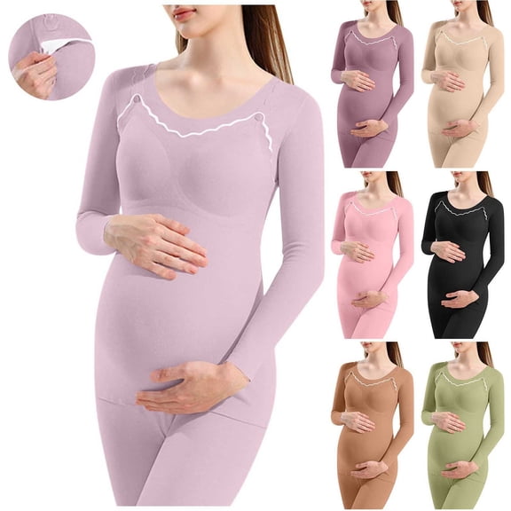 Hesxuno Pregnancy T Shirt for Women Solid Color Long Sleeve Maternity Top Basic Built in Bra Casual Nursing Tees Home Loungewear Undershirt Pink M