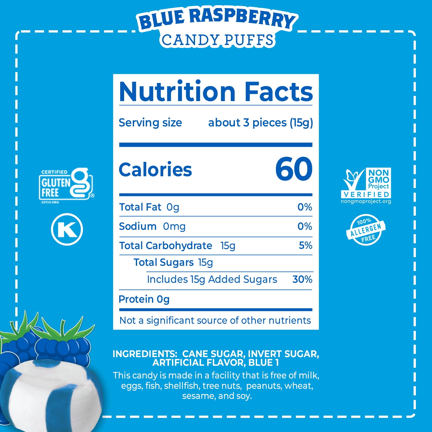Red Bird Blue Raspberry Flavored Candy Puff, Individually Wrapped Candy, Allergen-Free, 52 oz Tub