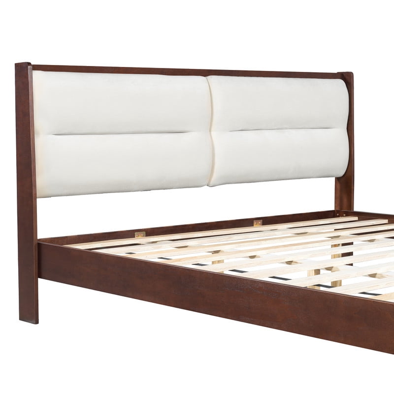 Wooden King Size Platform Bed with Velvet Upholstered Headboard, Low-Profile Bed Frame with Slat Support No Box Spring Needed