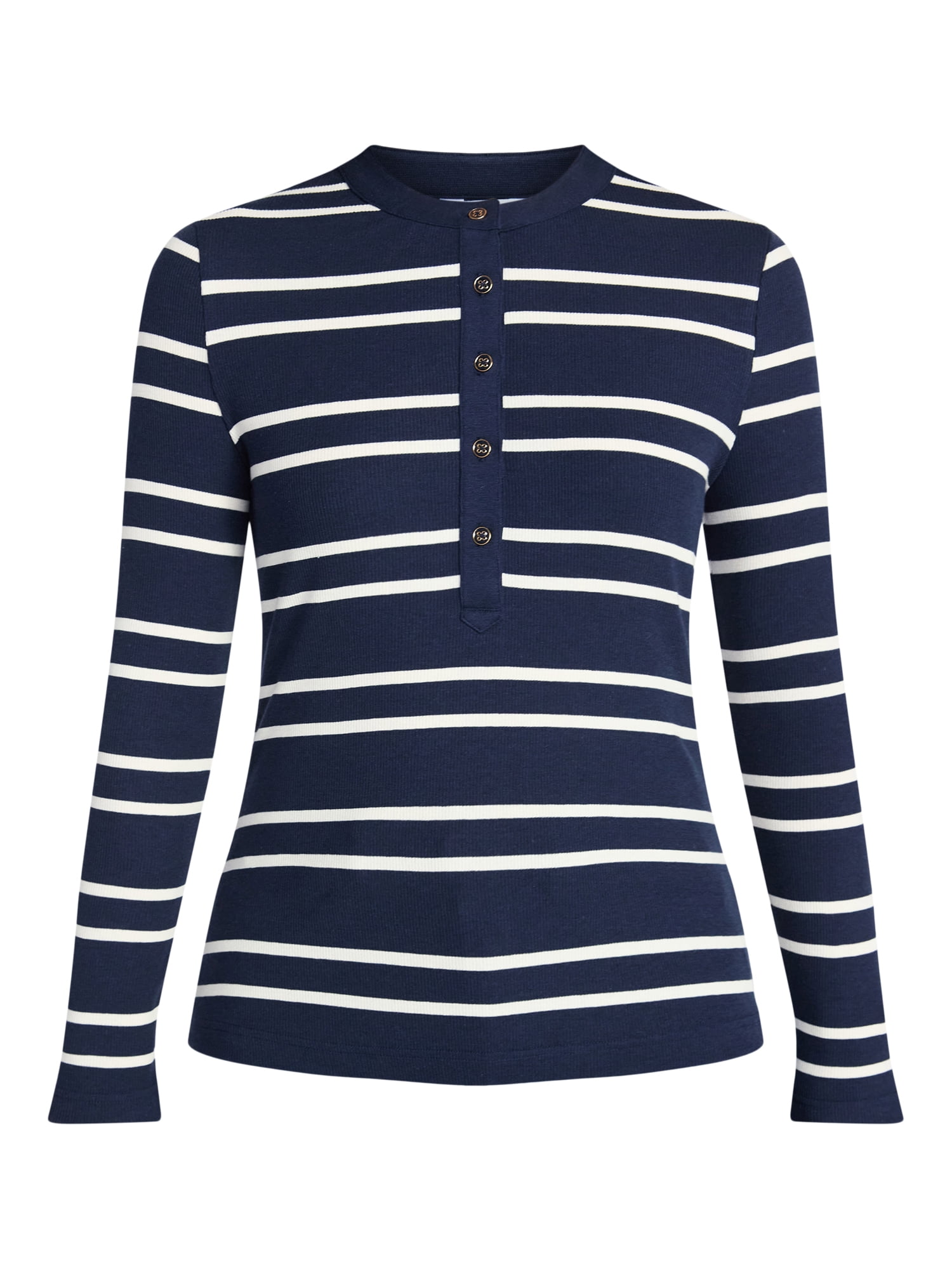 Time and Tru Women's Striped Henley with Long Sleeves, Sizes XS-XXXL