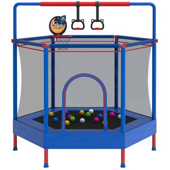 60" Mini Trampoline for Kids with Basketball Hoop, Indoor/Outdoor Toddler Trampoline with Safety Enclosure, Segmart Kids Trampoline with Adjustable Gymnastics Bars, Ring, Ocean Balls