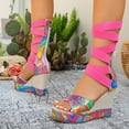 thumbnail image 4 of Knee High Strappy Wedge Sandal for Women with Back Zipper Open Toe Elastic Strap Platform Heels Walking Shoes Pink Size 8.5, 4 of 6