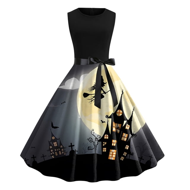Robe Sans Manches à Col Rond Imprimée pour Femmes, Robe de Bal Élégante et Fluide pour Fête