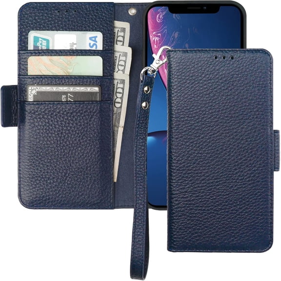 Wallet Case for iPhone XR, Genuine Leather Support Wireless Charging RFID Blocking Flip Case Card Slots Holder, Kickstand Book Folding Folio Cover with Wrist Strap 6.1 Inch (Royal Blue)