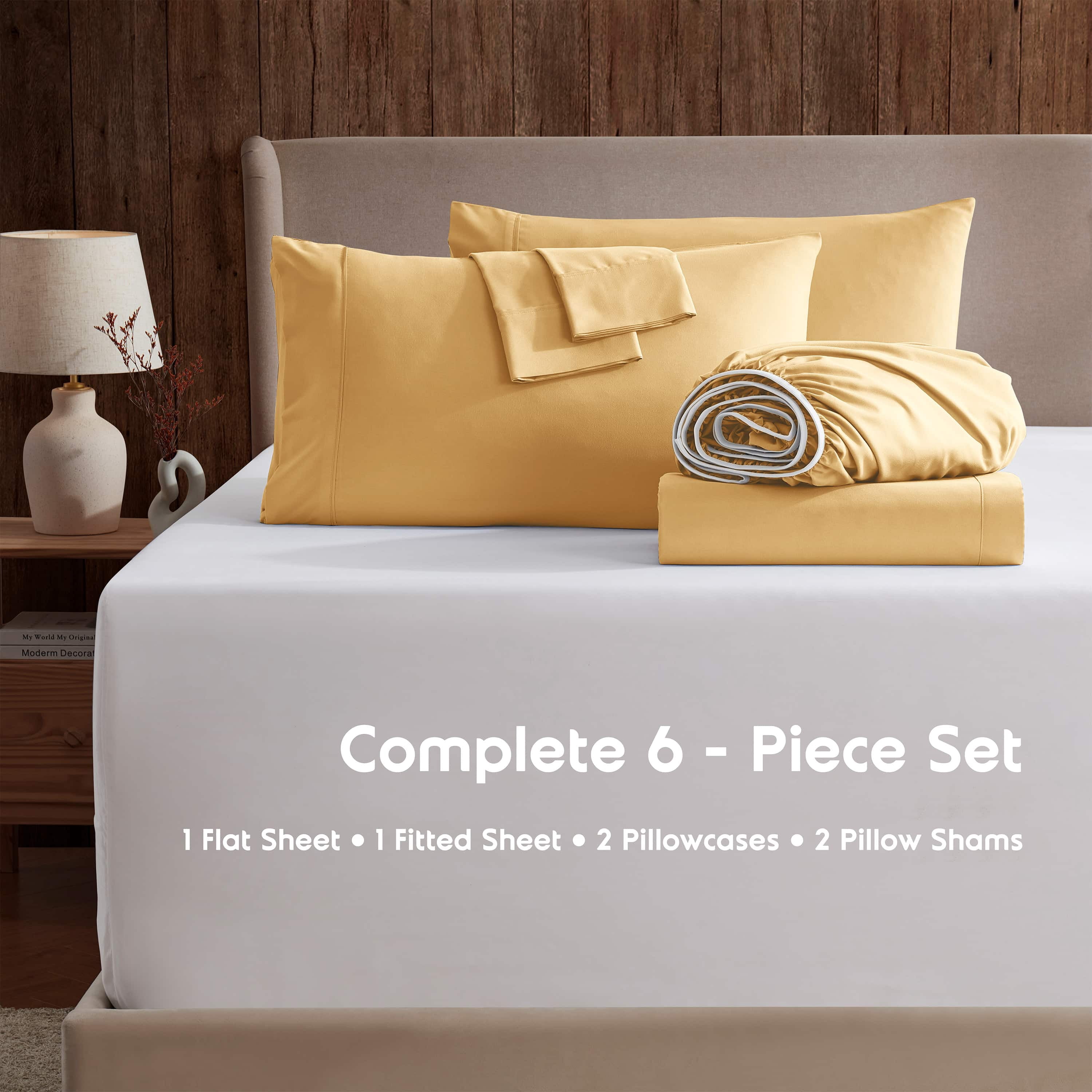 LammaLoe Extra Deep Pocket California King Sheets set, Fits 18"-24" Mattress, 6 Piece Soft Microfiber Bed Sheet Sets, Camel Gold
