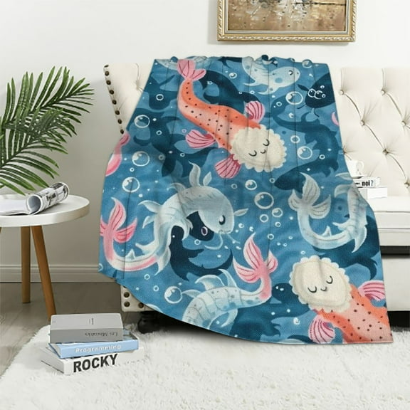 BCIIG Cartoon Axolotl Kids Throw Blanket,Mexican Salamander Ocean Animals Bed Blanket for Boys Girls Adults,Dots Cute Axolotl Fleece Blanket,Blue Pink Kawaii Fuzzy Blanket  40x50in