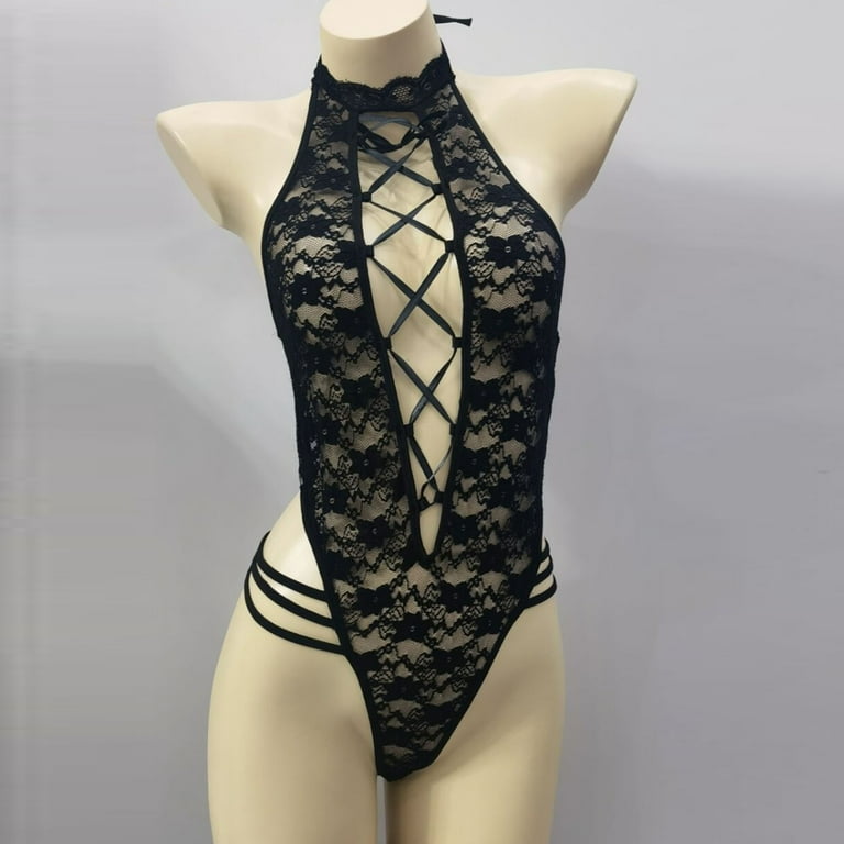 Aayomet Lingerie For Women Kinky Womens Lingerie V-Neck Lace Bodysuit Mini  Featuring Plunging Eyelash,Black XL 