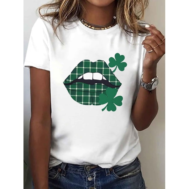 Women's St. Patrick's Day Green Plaid Lips Graphic T-Shirt - Short Sleeve Crew Neck Casual Top with Clover Detail, Polyester Blend, Machine Washable, Holiday Themed Shirt|Graphic Print Tee|Stretchabl