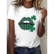 thumbnail image 1 of Women's St. Patrick's Day Green Plaid Lips Graphic T-Shirt - Short Sleeve Crew Neck Casual Top with Clover Detail, Polyester Blend, Machine Washable, Holiday Themed Shirt|Graphic Print Tee|Stretchabl, 1 of 6