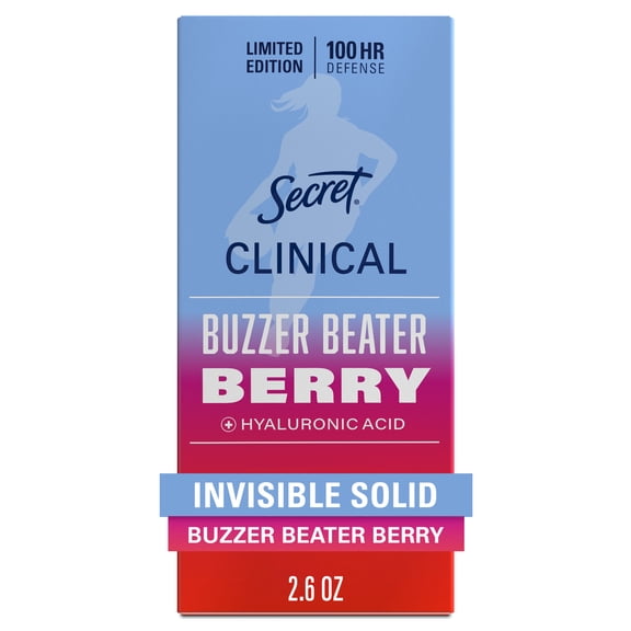 Secret Clinical Strength 100HR Hyaluronic Acid Antiperspirant Deodorant for Women, Invisible Solid, Buzzer Beater Berry, 2.6 oz