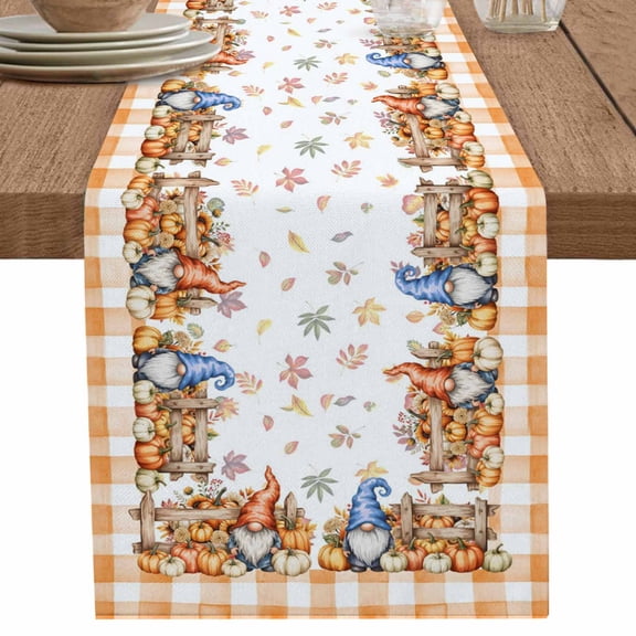 nqOlkjepod Fall Pumpkins Table Runner 48 Inches Long Farmhouse Dress Scarves, Thanksgiving Gnomes Autumn Leaves Orange Check Dining Tablerunner for Coffee Table/Kitchen Island/Party Décor, 13" x 48"