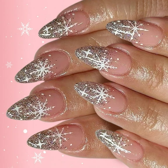 24PCS Glitters Press On Nails Christmas Winter Snowflake Design Reusable Fake Nails For Women