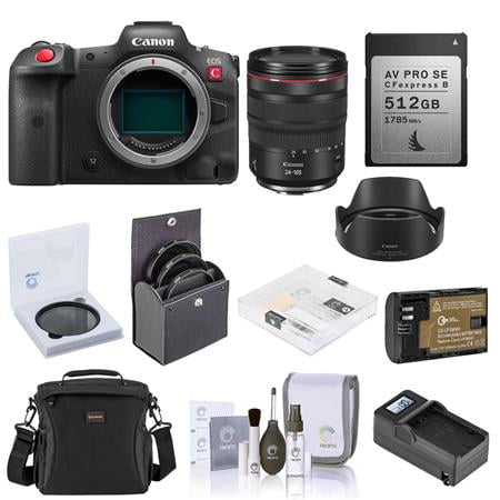 EOS R5 C Mirrorless Digital Cinema Camera with RF 24-105mm f/4 L IS USM Lens, Bundle with 512GBÂ CFexpress Type-B Memory Card, Bag, Extra Battery, Charger, Filter Kit and Accessories