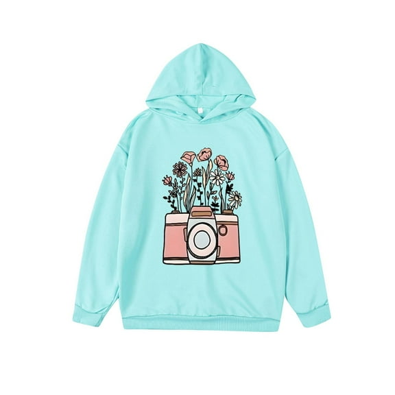 ibuvkizy Toddler Girls Floral Hoodies!Girls' Floral Long Sleeved Hooded Top Medium and Large Children's Casual and Comfortable Hoodie Light Blue,2 Years