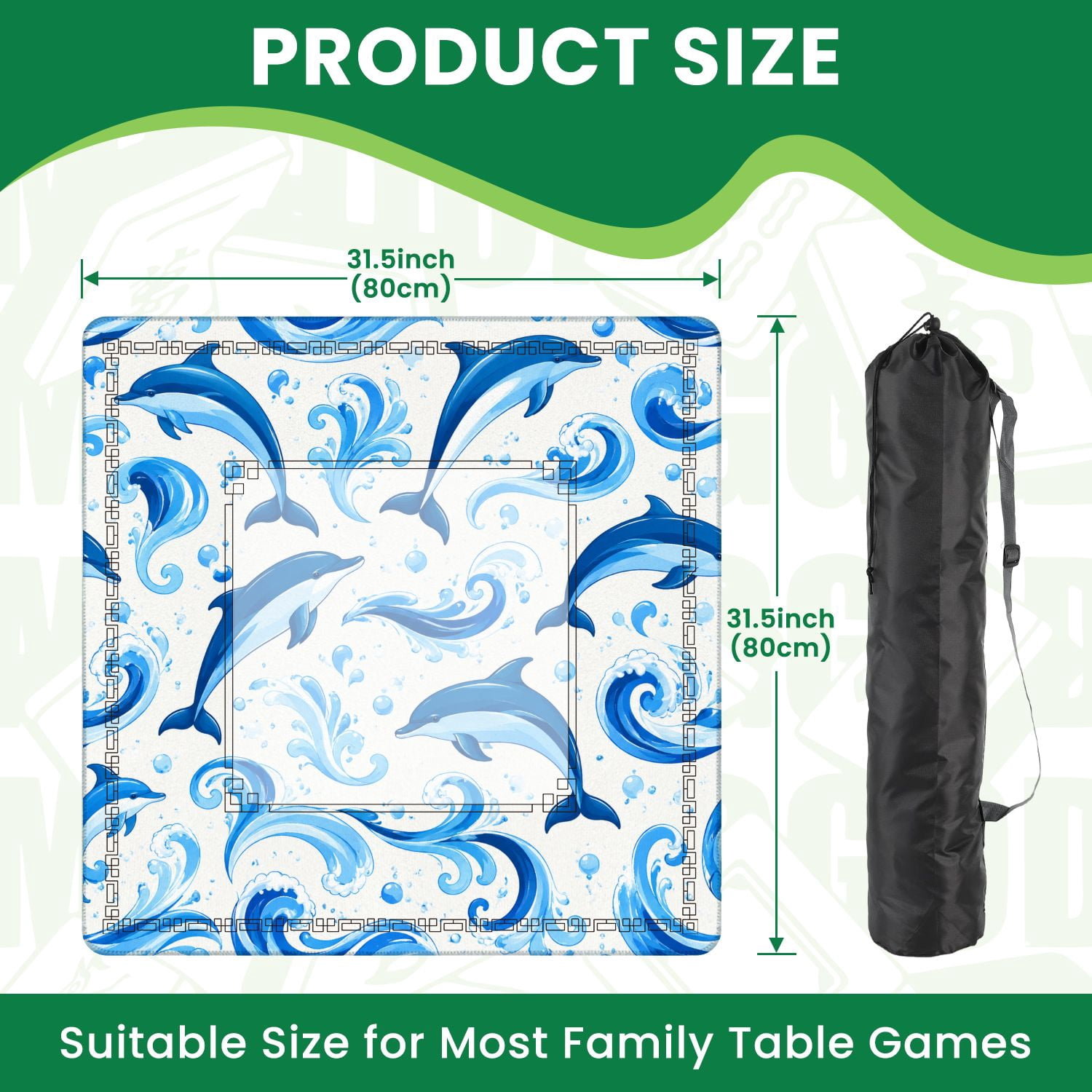Mahjong Mat 31.5" x 31.5" Blue Dolphin Ocean Wave Seamless Coastal Nautical Style Non-Slip Noise Reduction American Mahjong Tiles Table Cover for Dominoes Poker Card Board Games Gift