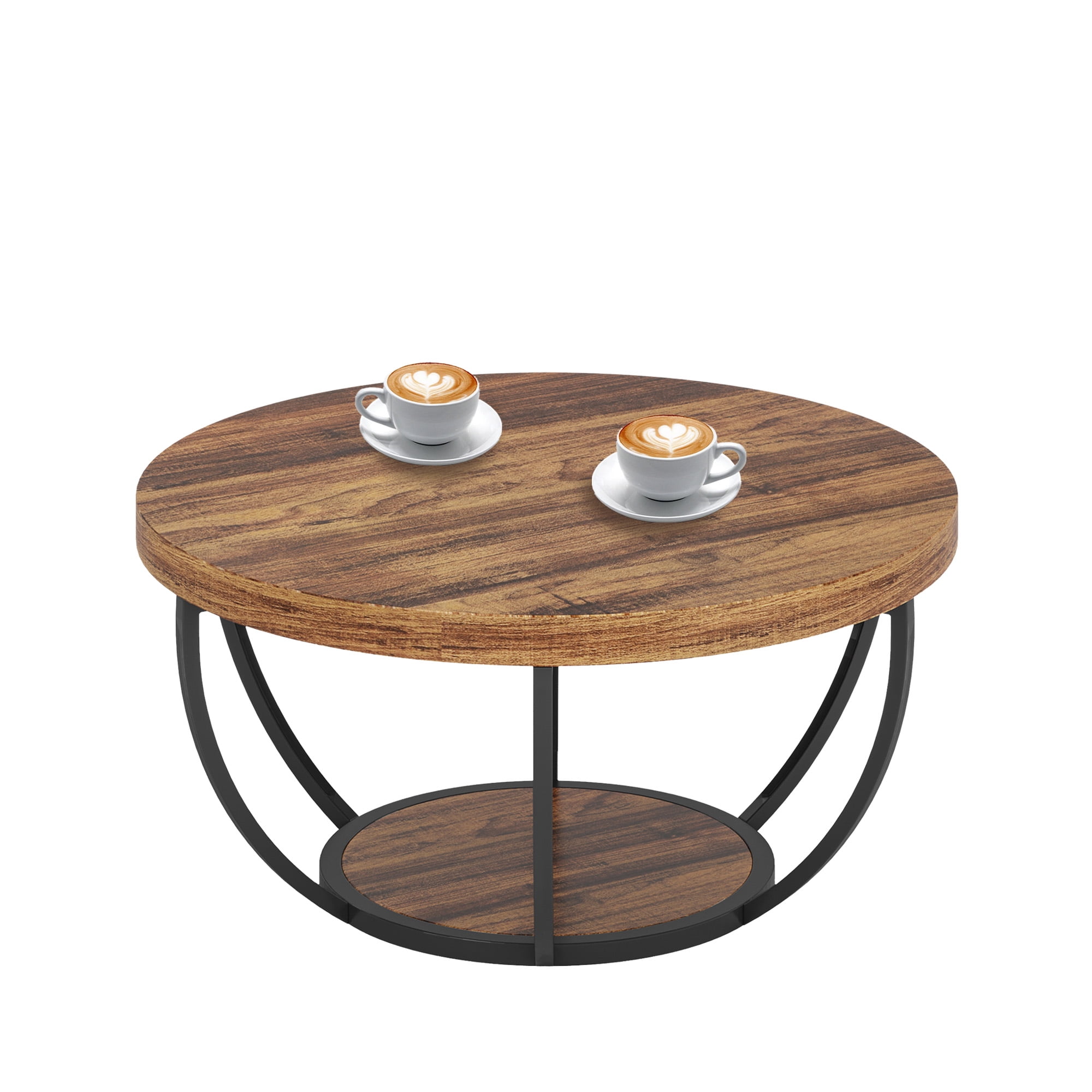MAYEERTY 2 Tier Round Coffee Table Thickened Engineered Wood Sturdy Metal Base
