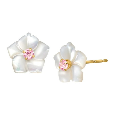 Mother Of Pearl Pattern Earrings - Mother-of-Pearl Flower Stud Earrings with Pink Cubic Zirconia in 14kt Gold