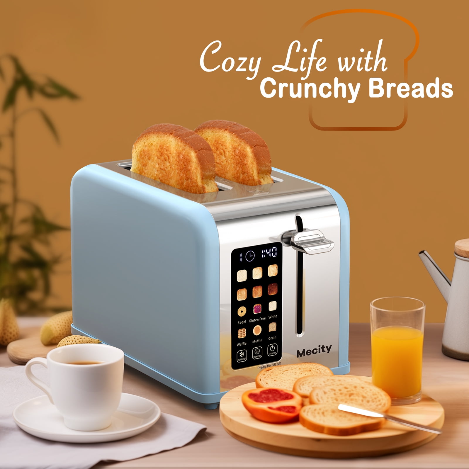 Mecity 2-Slice Touchscreen Toaster, Stainless Steel, 6 Shade Settings, Wide Slots, Crumb Tray, 120V, Blue