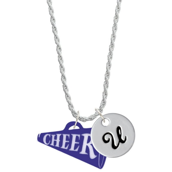 Delight Jewelry Acrylic 1.25" Navy Cheer Megaphone Silvertone Script Initial Disc - U - Charm Necklace, 20" 3"