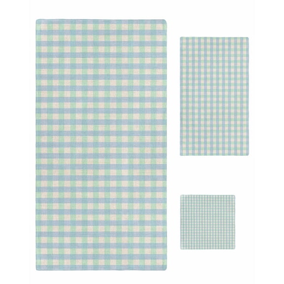 Blue Green Towel Set of 3, Soft Microfiber Bath Towels, Hand Towel, Washcloths, Grid Checkered Plaid Gingham Lattice Trellis Quick-Dry Absorbent Towels for Bathroom Kitchen Hotel Beach Gym Spa