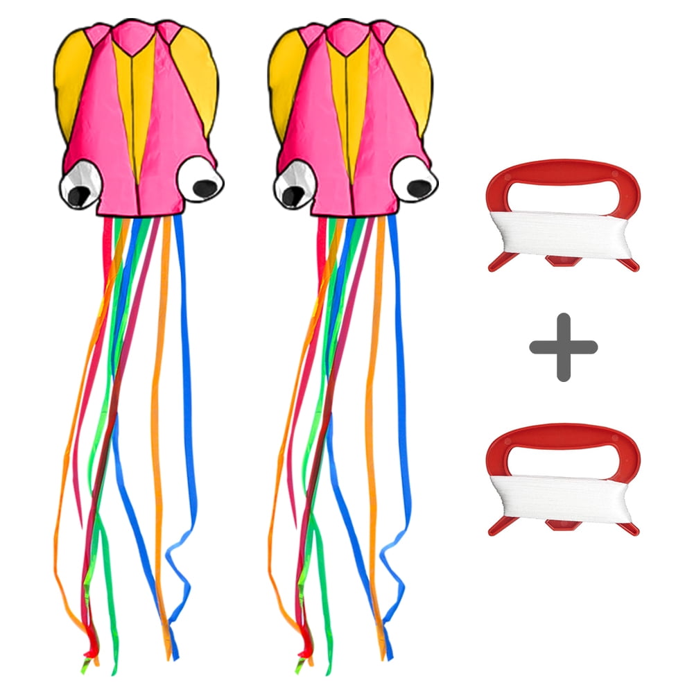 Kepooman 2 Pack Huge Mollusc Octopus Kite with Long Colorful Tail, 27.55" * 157.48", String Line Included, Pink & Yellow