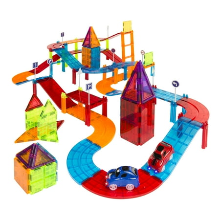 Best Choice S 105 Piece Kids Magnetic Tile Car Race Track Stem Learning Building Toy Set W 2 Light Up Cars