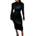 thumbnail image 1 of hirigin Women Long Dress, Long Sleeve Crew Neck PU leather Solid Slim Fit Dress for Party Cocktail, 1 of 9