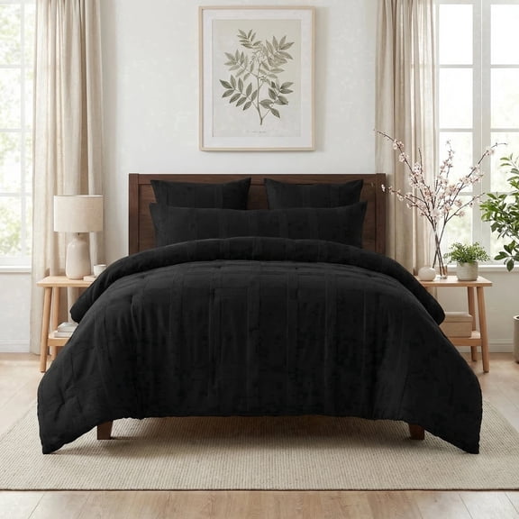 Regency Heights Full/Queen Size Comforter Set – Black Striped Woven Bedding, 4-Piece Bed set with Body Pillow Sham, Machine Washable for All Seasons