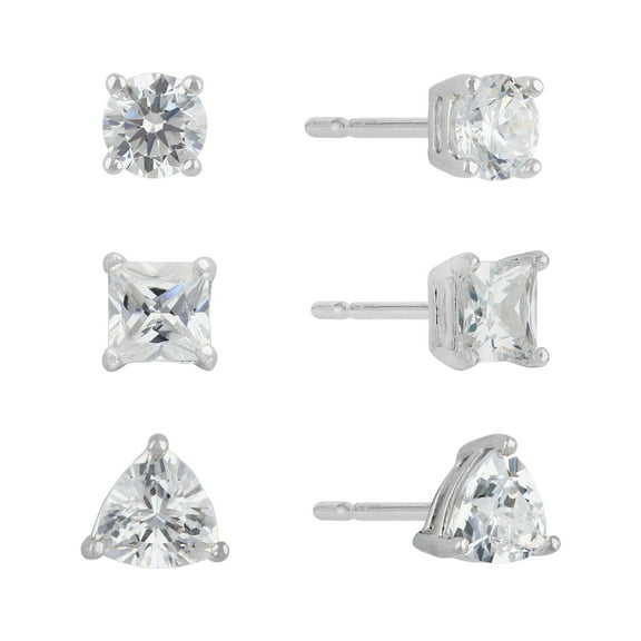 Brilliance Fine Jewelry Women's Multi Shape Simulated Diamond Trio Earring Set in Sterling Silver