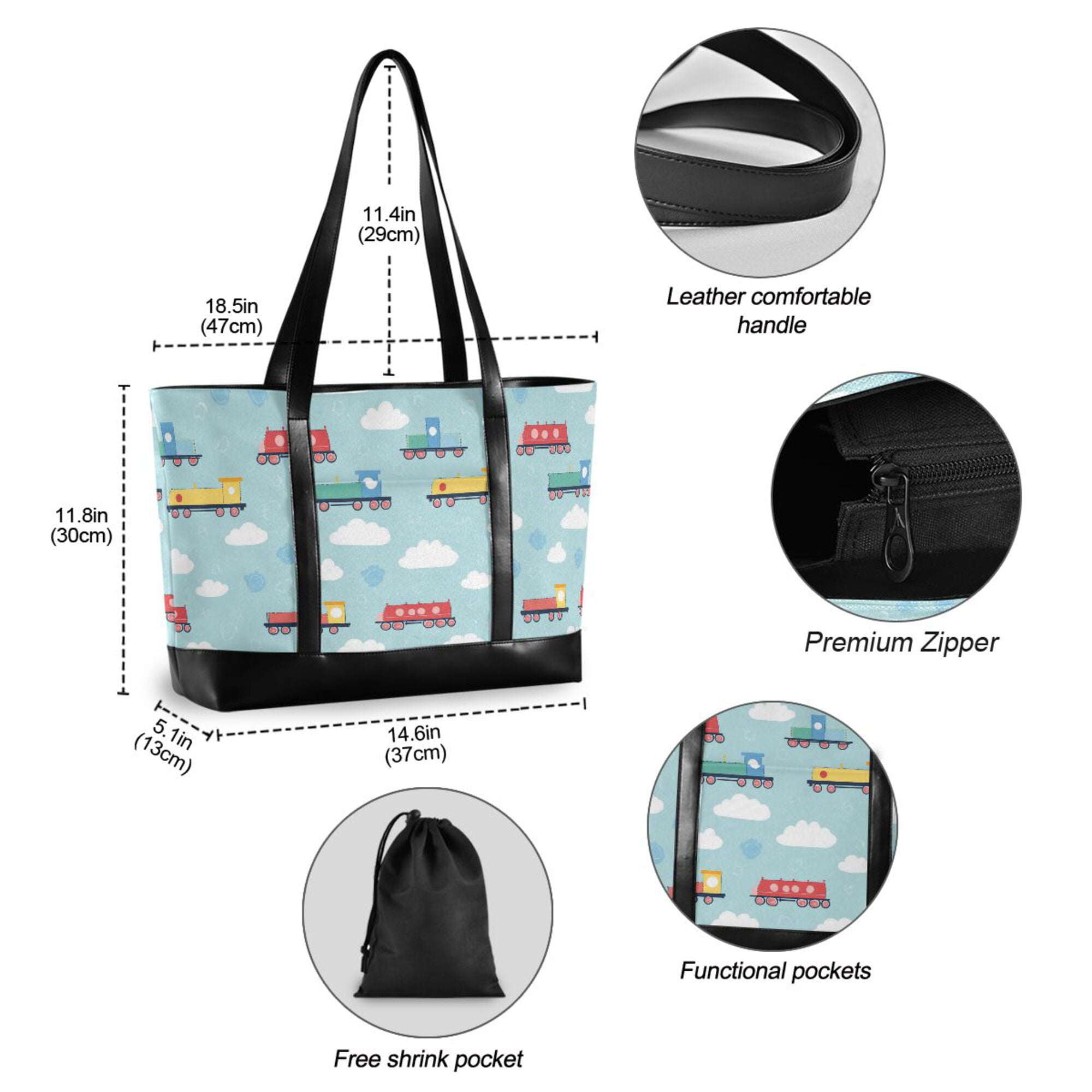 FORMRS Canvas Laptop Tote Bag for Women with 15.6" Computer Compartments Shoulder Handbag, Blue Trains Pattern