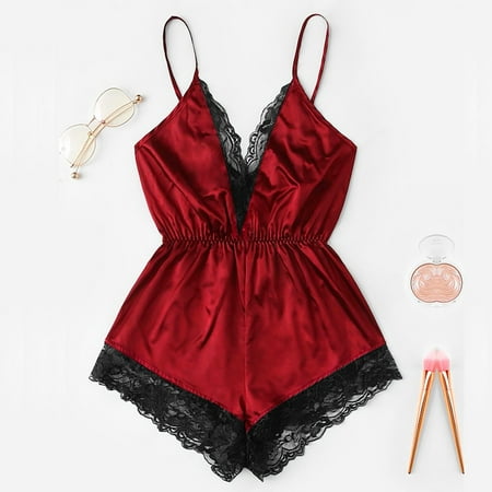 Lolmot Satin Lingerie for Women Teddy Lingerie Sexy Cross Backless Cami Lace Trim Bodysuit One Piece Babydoll Naughty Lingerie Sleepwear on Clearance