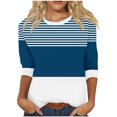 thumbnail image 2 of CLOISE Tees for Women Fall Cute Striped Blouses Crewneck 3/4 Sleeve Tees Tunic Colorblock Basic Tops Elegant Clothes Blue XL, 2 of 5