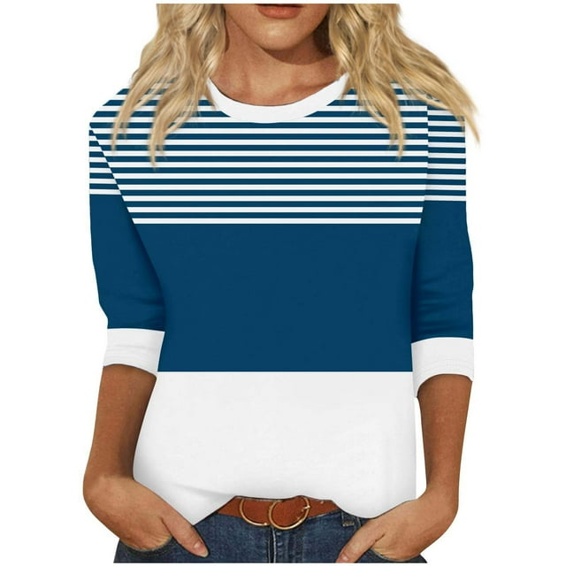 vdgthytj Womens Tops 3/4 Sleeve Fall Stripes Print Crewneck Blouses Fashion Comfy Color Block Pullover Shirts