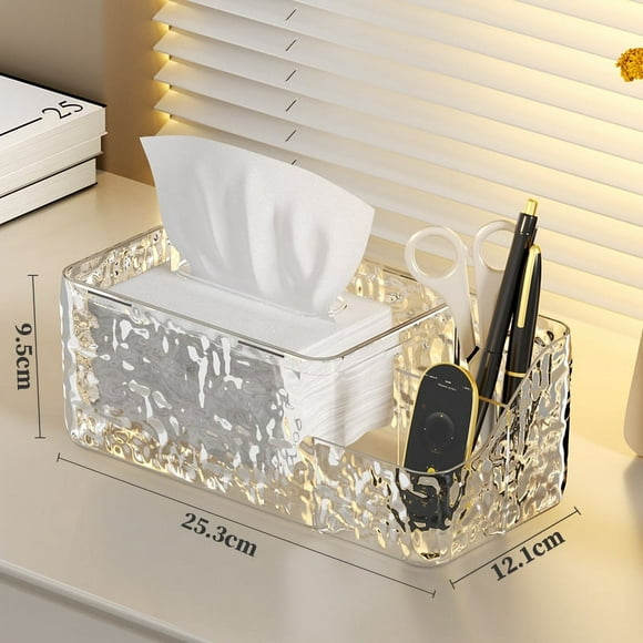 Zhuge Caja de pañuelos de acrílico transparente, con tapa, dispensador de toallitas para secadora de mesa, para baño, cocina y coche, gris, 23,4 x 12,9 x 9,4 cm