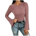 thumbnail image 2 of Daiosportswear Chemises à Manches Longues Côtelées pour Femmes, Hauts Ajustés à Col Rond en Coton, Tricot Extensible, Couche de Base Décontractée, T-Shirts Basiques Marron m(m), 2 of 5