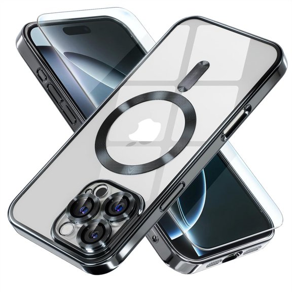ShellTech Electroplated Case with Screen Protector for iPhone 16 Pro Max,Slim Soft Plating TPU Clear Case Compatible with MagSafe Full Camera Lens Protector Cover for iPhone 16 Pro Max,Black