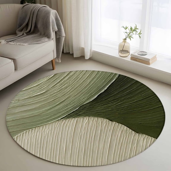 Sage Green Beige 3ft Area Rug, Abstract Waves Lines Modern Art Washable Non-Slip Small Round Rugs for Entryway Bedroom Kitchen, Soft Circle Carpet for Dining Room, Playroom Nursery Rug