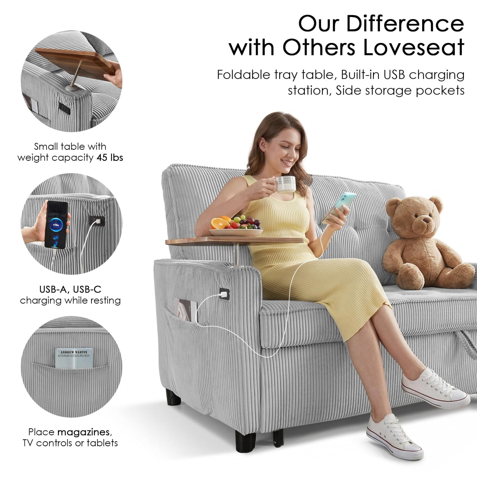 54" Sleeper Sofa Bed, Convertible Pull Out Couch Futon with Side Table, USB Charging Port, Corduroy Fabric, Adjustable Backrest Sofa Bed for Apartment Office, Light Gray