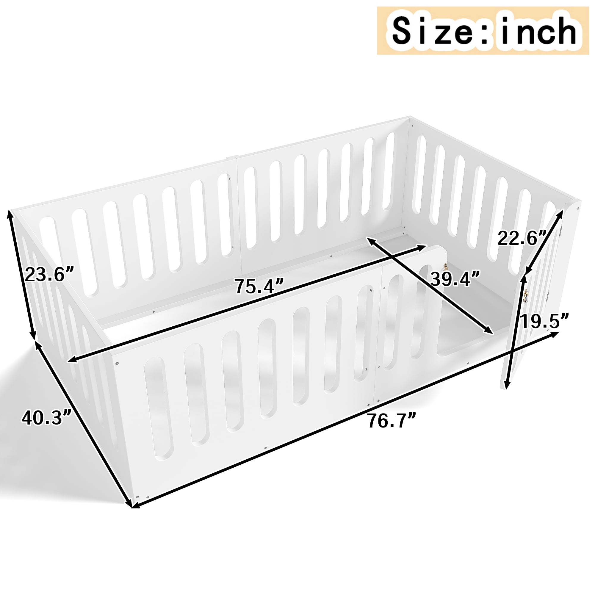 Miniyam Twin Floor Bed with Door, Low Profile Kids Bed with Guardrails, Pine and Plywood, White