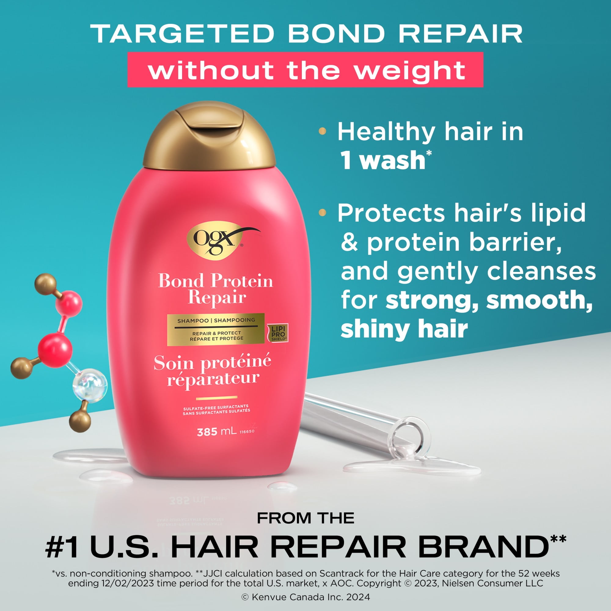 OGX® Repair & Protect Bond Protein Repair Shampoo, Lightweight Hair Wash Cleanses & Targets Damaged Areas of Hair for Effective Bond Repair, Sulfate-Free Surfactants, 385 mL
